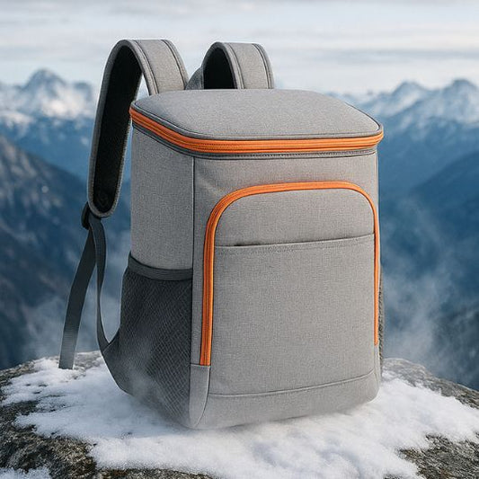 un sac a dos isotherme déposé sur un rocher en hiver au sommet d'une montagne
