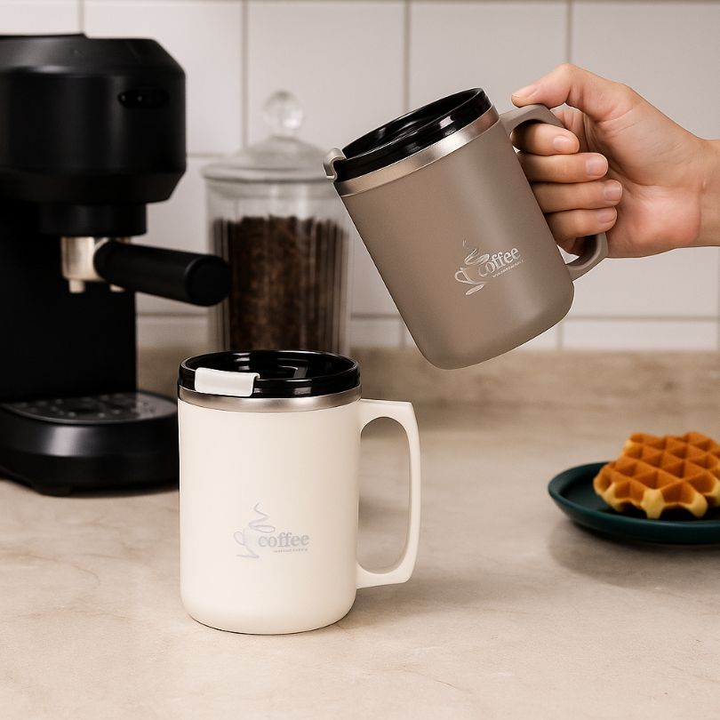 en cuisine peronne qui tient une tasse double paroi brune