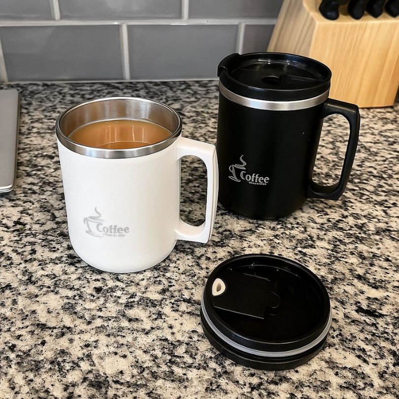 2 tasses isotherme sur un comptoir de cuisine