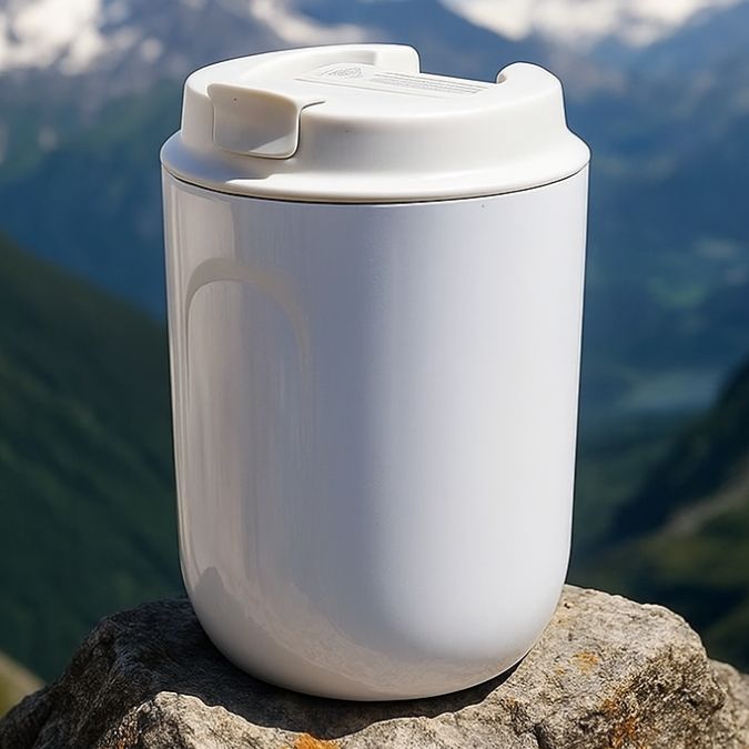 tasse isotherme blanche posée sur un rocher