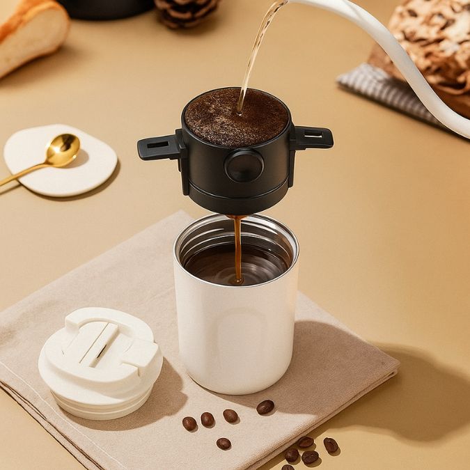 café qui se fait verser dans une tasse isotherme blanche