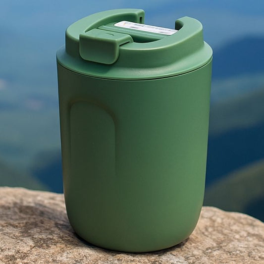 présentation d'une tasse isotherme vert sur un rocher