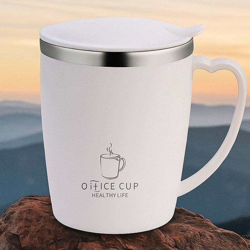 tasse isotherme blanche sur un rocher en plein air