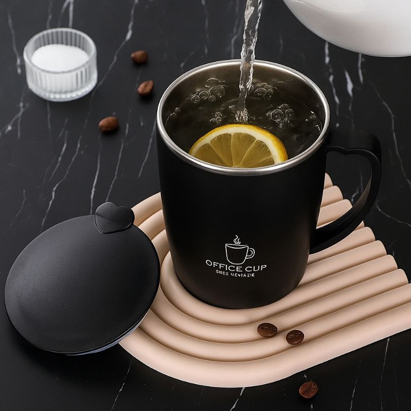tasse isotherme noir qui se fait remplir