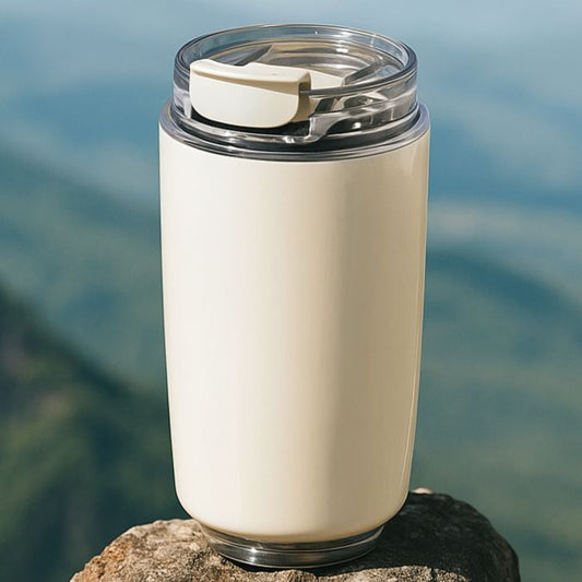 présentation d'une tasse isotherme blanche sur un rocher