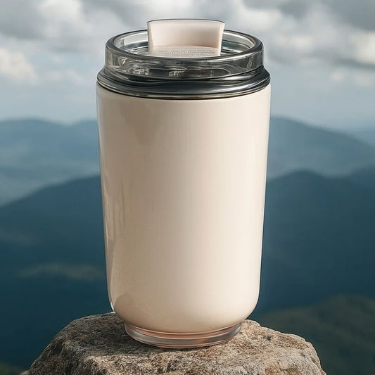 présentation d'une tasse isotherme blanche sur rocher au sommet d 'une montagne