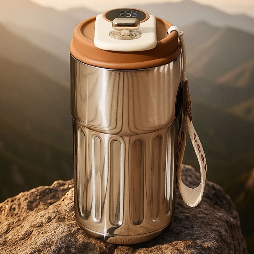 présentation d'une tasse thermos argent