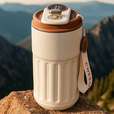présentation d'une tasse thermos blanc et kaki