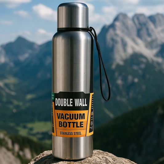 présentation d'un thermos argent sur un rocher au montagne