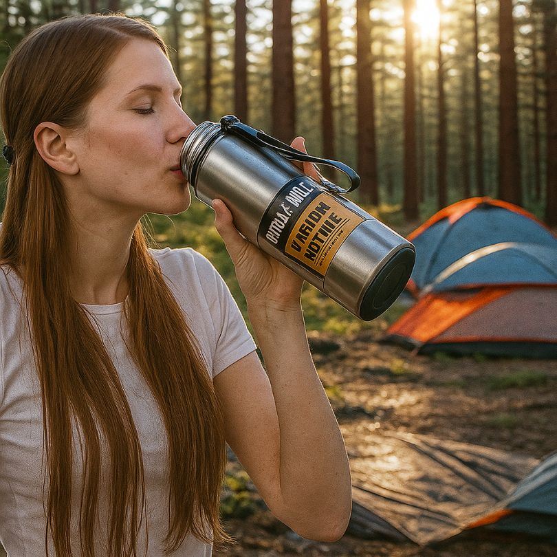 femme qui prend une gorgée d'eau fraiche de son thermos argent