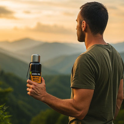 homme qui regarde le paysage en tenant son thermos noir dans la main