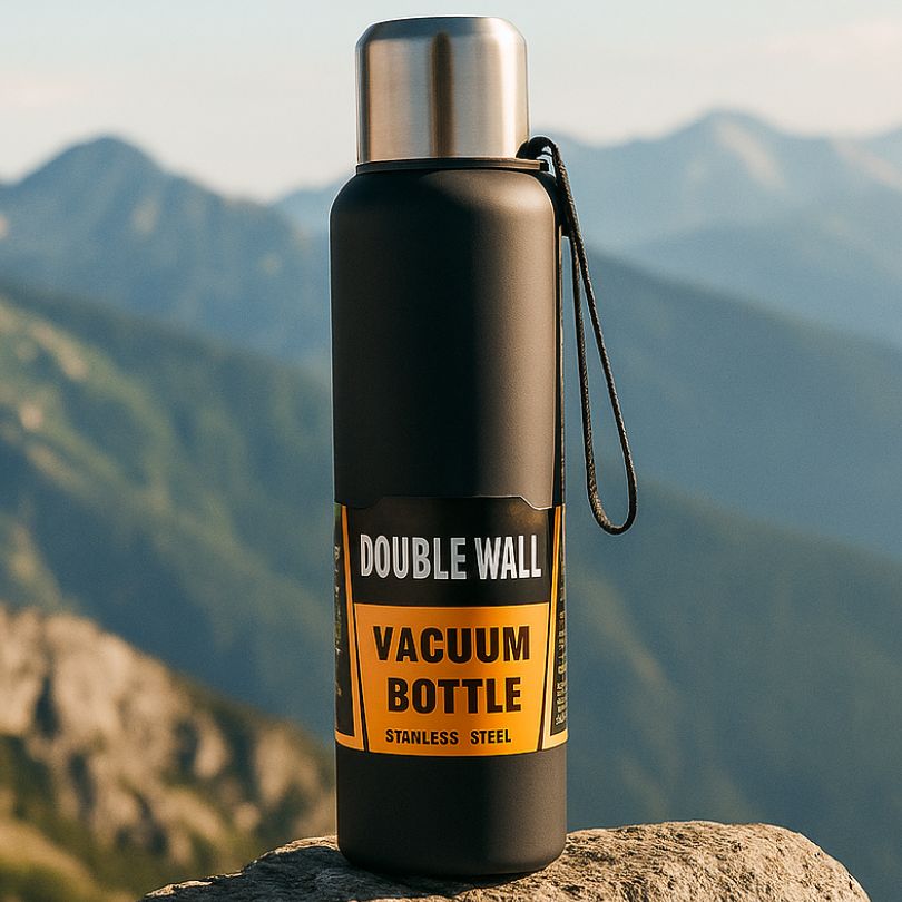 un thermos noir double paroi en plein air