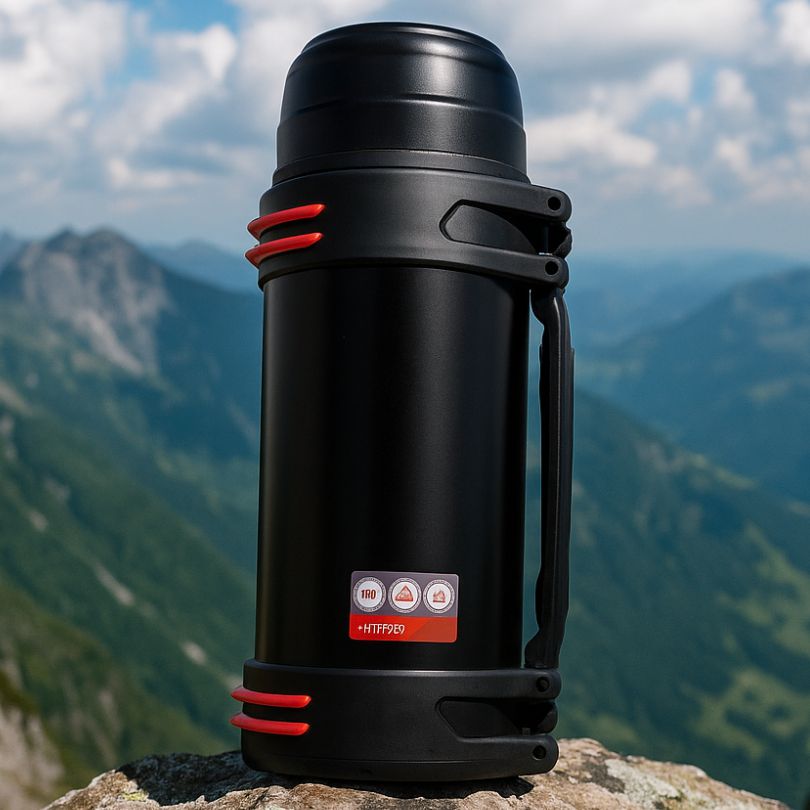 présentation d'un thermos 2 l noir sur un rocher