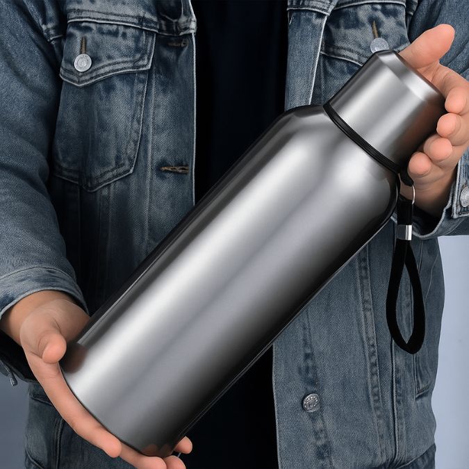 une personne tient un thermos isotherme argenté dans ses mains