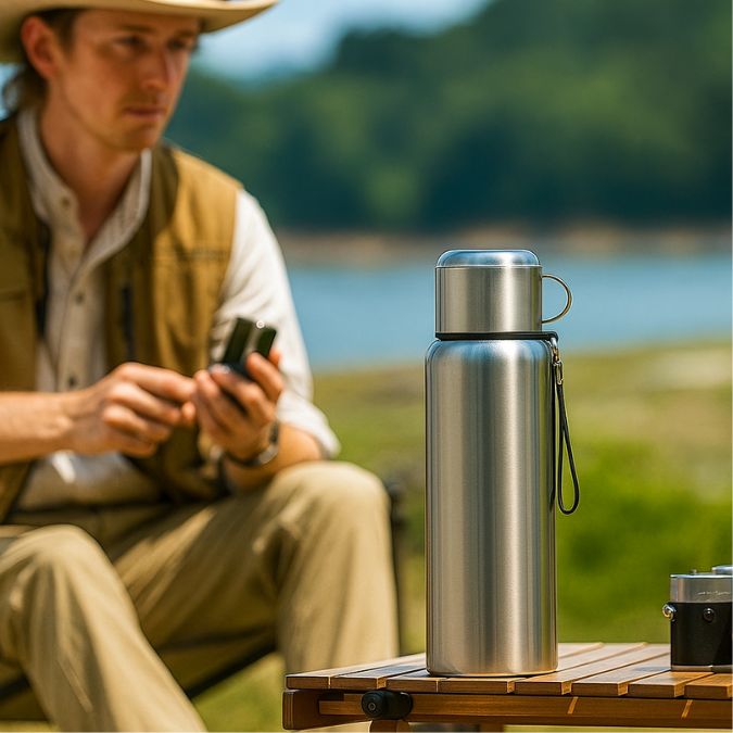 homme en plein air assis sur sa chaise qui regarde son thermos isotherme sur la table
