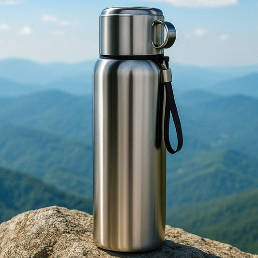 un thermos de couleur argent déposé sur un rocher au sommet d'une montagne
