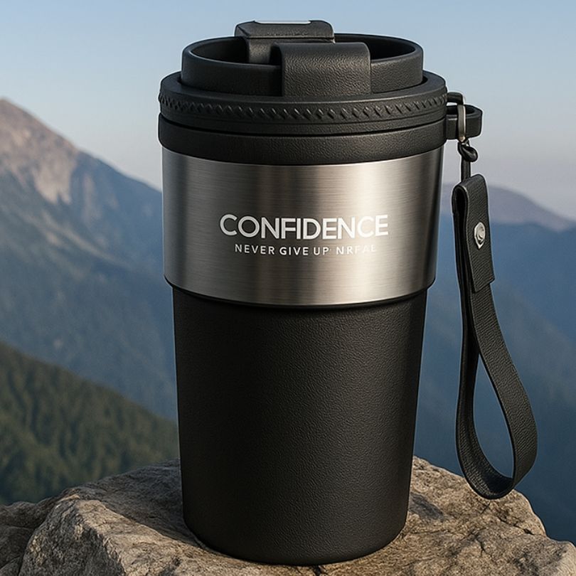 une thermos cafe noir sur un rocher montagne