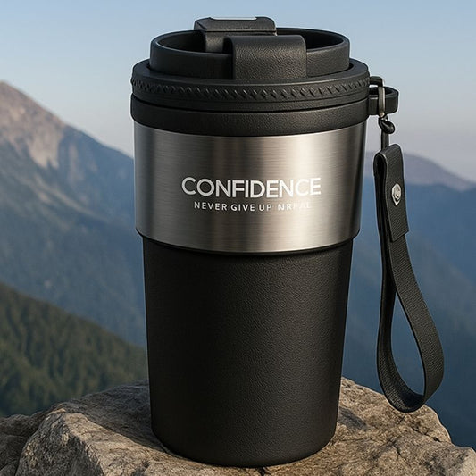 une thermos cafe noir sur un rocher montagne