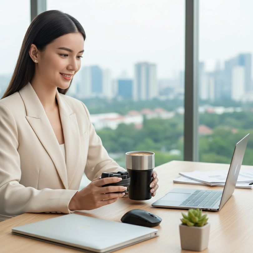 femme au travail avec sa thermos cafe