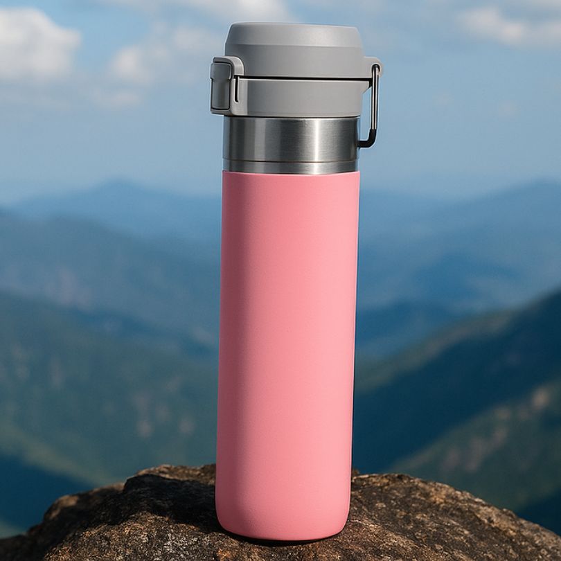 présentation d'un thermos café rose en inox