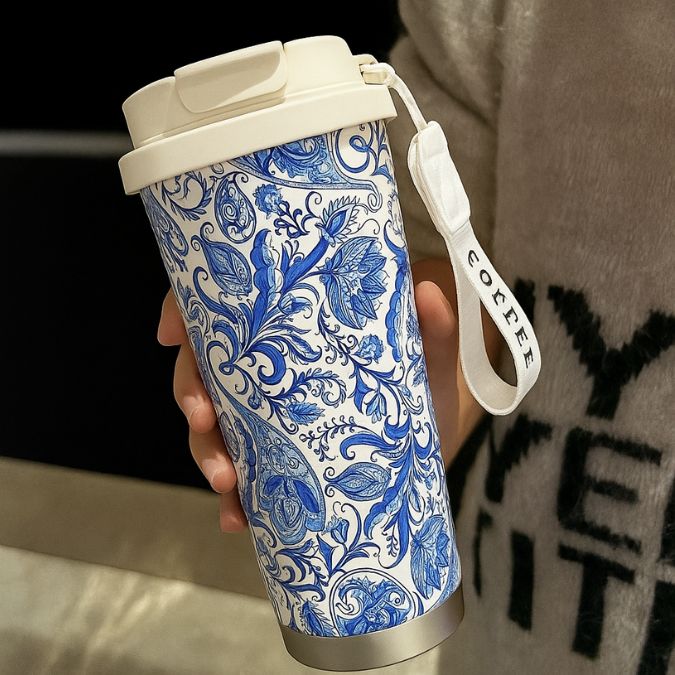 un thermos flask mug en acier inoxydable dans la main