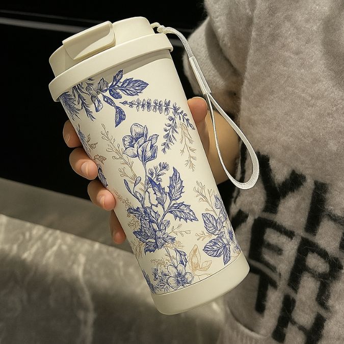 présentation d'une thermos flask mug avec plante bleu en motifs
