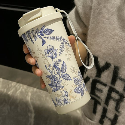 présentation d'une thermos flask mug avec plante bleu en motifs