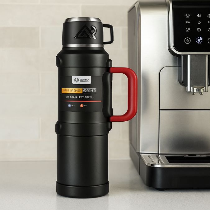 présentation d'un thermos flask mug noir et rouge près d'une machine a café