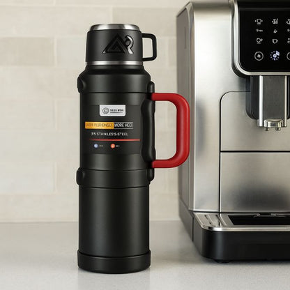 présentation d'un thermos flask mug noir et rouge près d'une machine a café