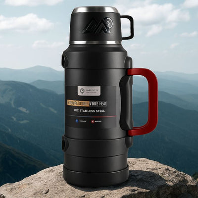 présentation d'un thermos flask mug noir et rouge en nature