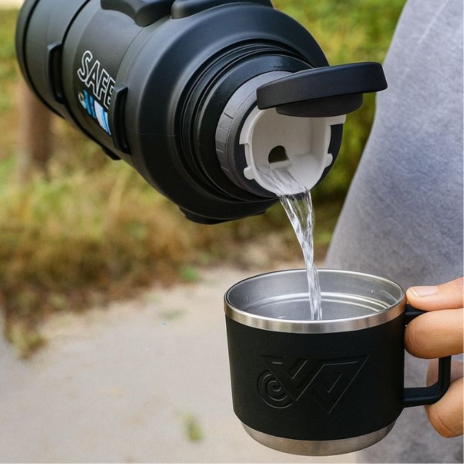 un campeur qui est en train de se vers de l'eau chaude dans sa tasse isotherme