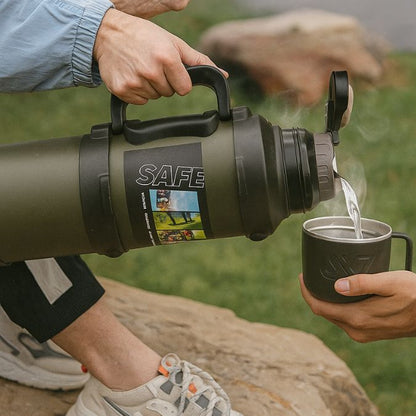 femme qui verse de l'eau chaude dans un thermos flask mug