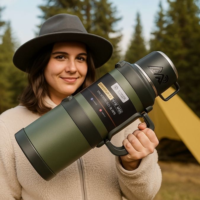 femme tenant un thermos flask mug vert dans ses mains