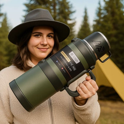 femme tenant un thermos flask mug vert dans ses mains