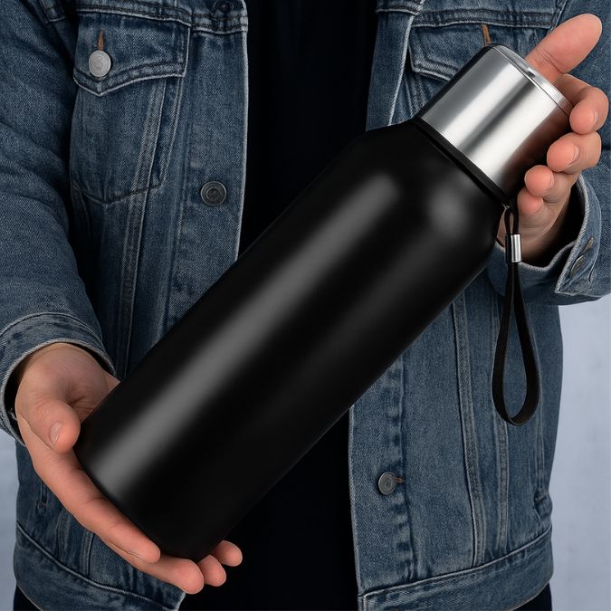 présentation d'un thermos isotherme de 1500ml noir dans les mains d'une personne