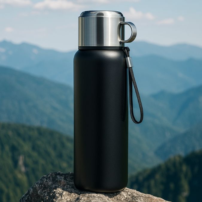 présentation d'un thermos isotherme noir sur un rocher au sommet d'une montagne