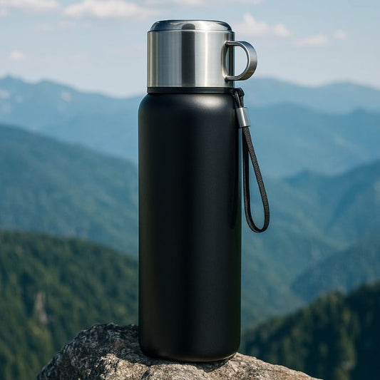 présentation d'un thermos isotherme noir sur un rocher au sommet d'une montagne