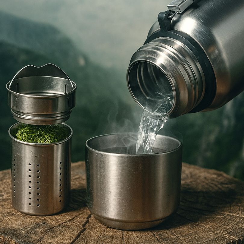 un thermos isotherme versant de l'eau trèes chaude dans une tasse inox