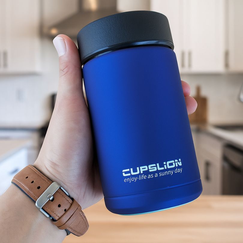 thermos mug cup bleu dans une main