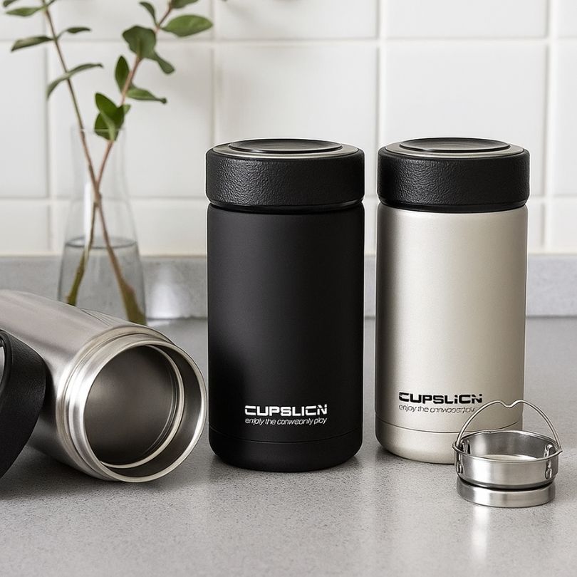 sur un comptoir, plusieurs thermos mug cup isotherme