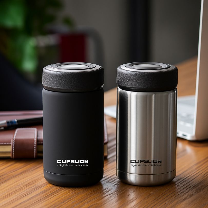 2 thermos mug cup noir et argenté sur une table