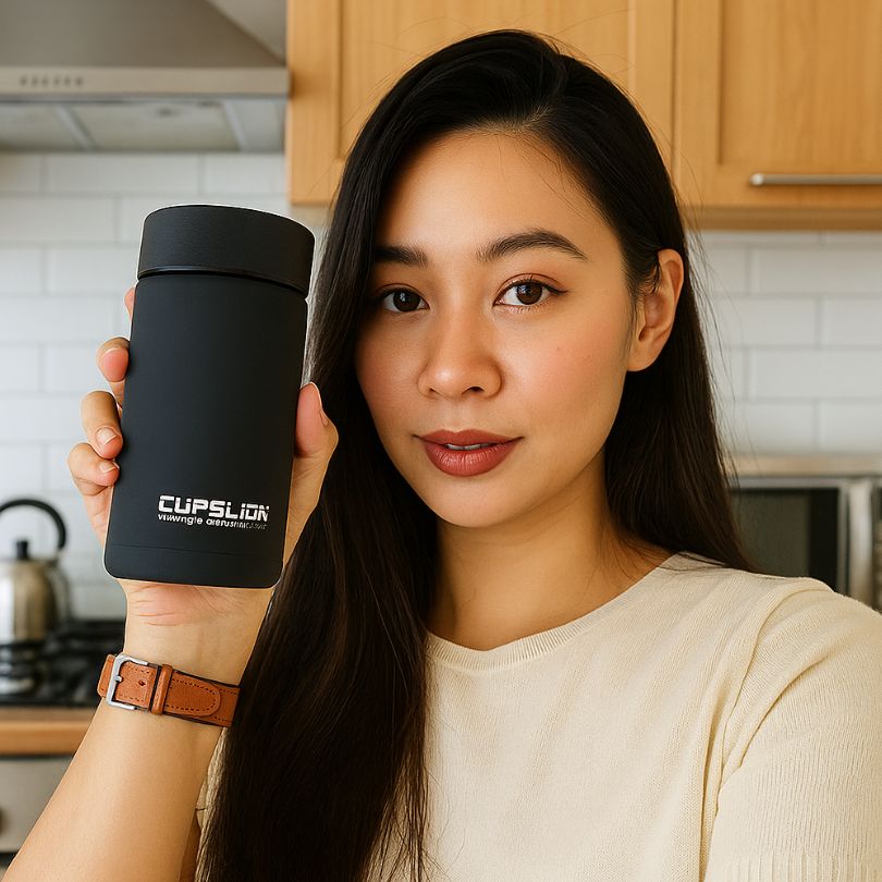 femme montrant un thermos mug cup noir en cuisine