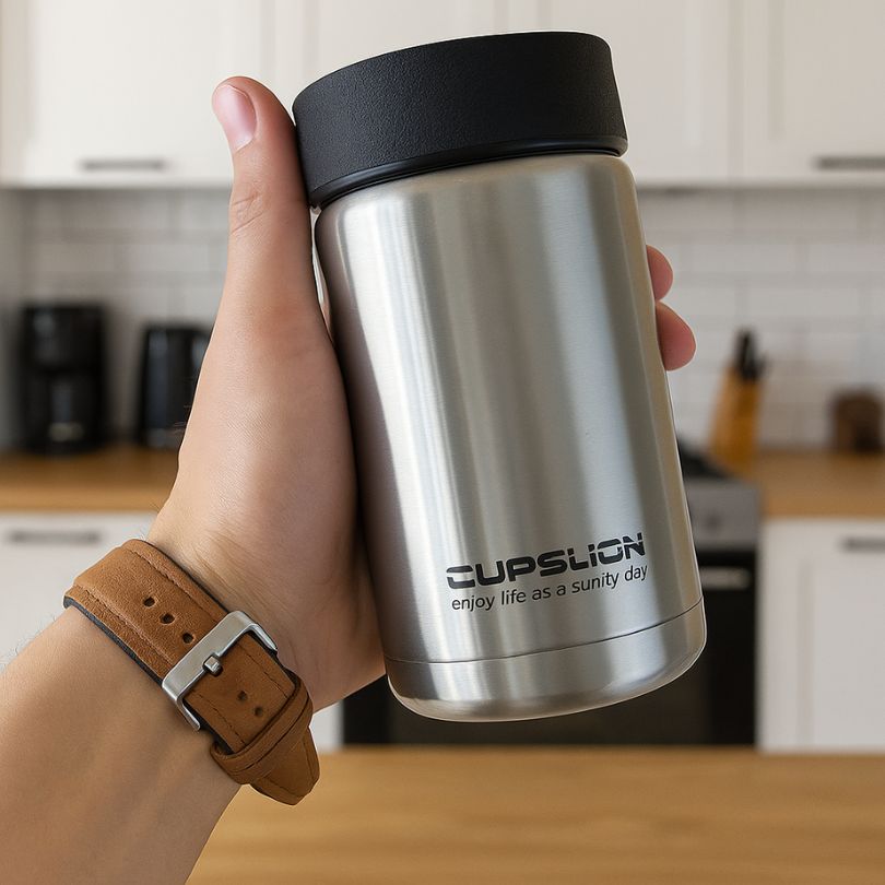 thermos mug cup argent dans la main