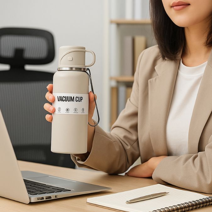 femme tenant un travel mug beige au travail