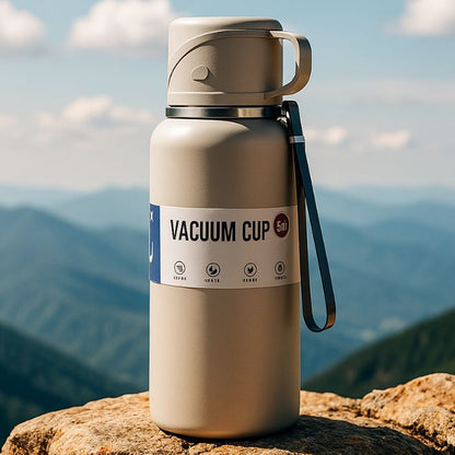 travel mug beige sur un rocher