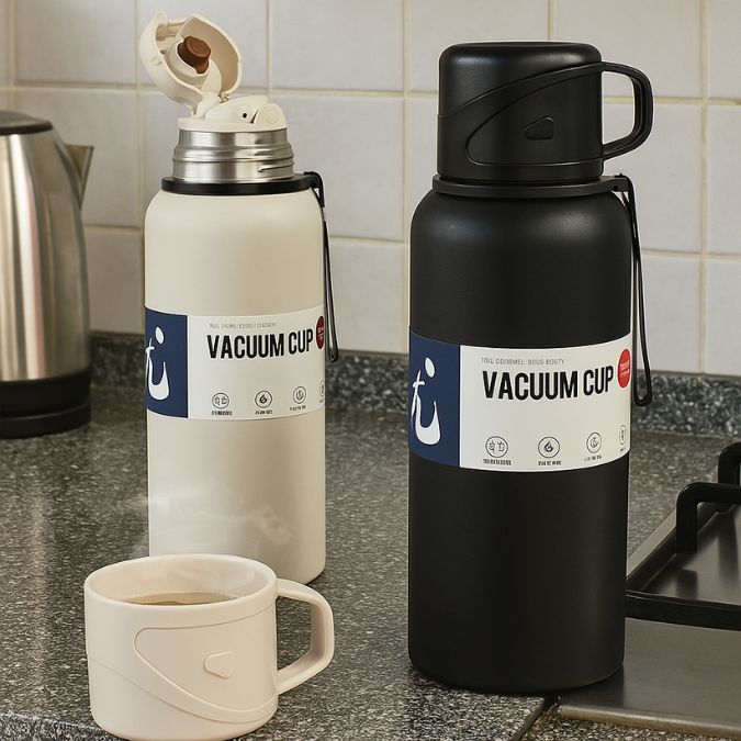 deux travel mug isotherme  sur un comptoir en cuisine