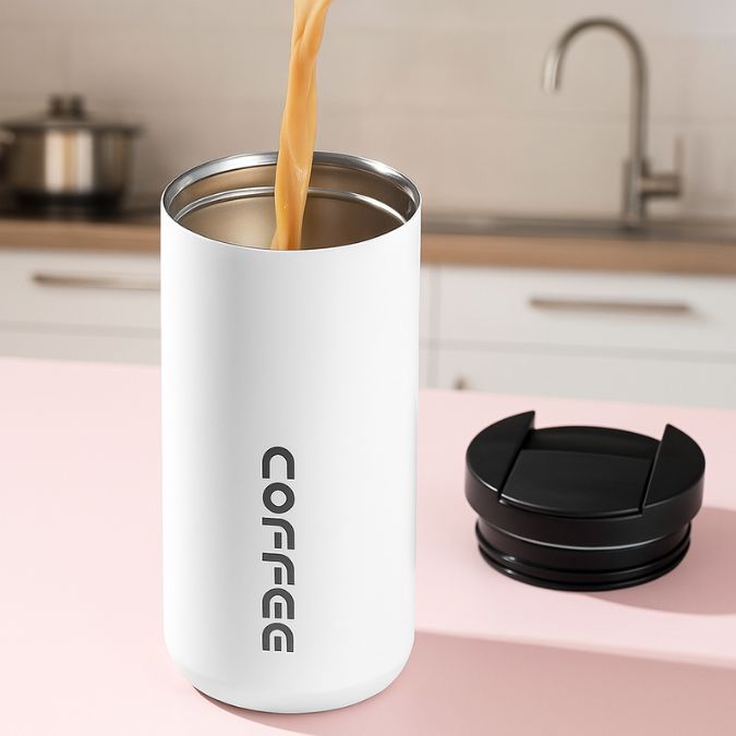 personne qui verse du café dans un travel mug isotherme blanc en cuisine
