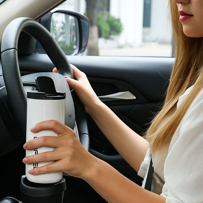 femme dans son auto en transportant son travel mug isotherme blanc