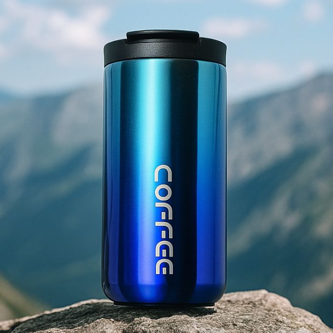 présentation d'un travel mug isotherme bleu sur un rocher en montagne