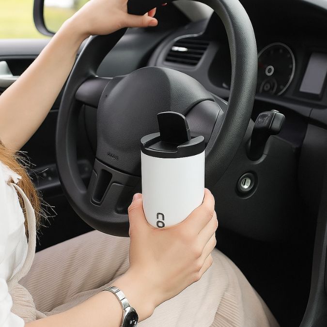 femme qui conduit voiture avec dans sa main un mug isotherme blanc